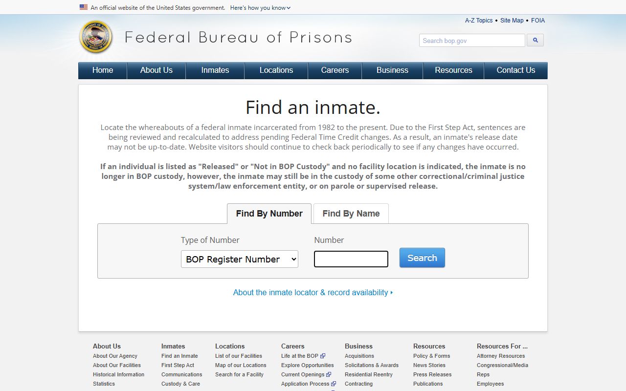 BOP Inmate Locator search page with number and name search fields for federal inmates.