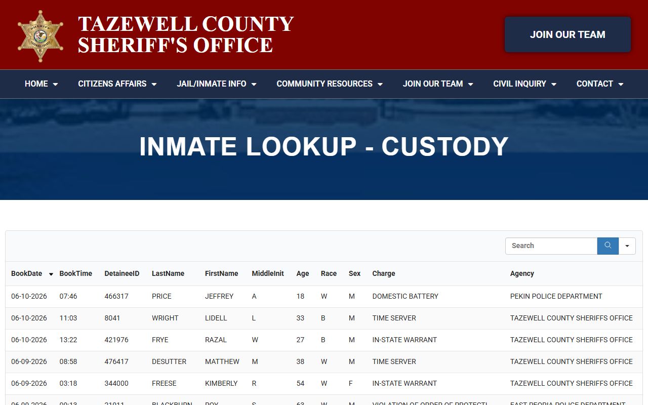 Tazewell County official current custody lookup table