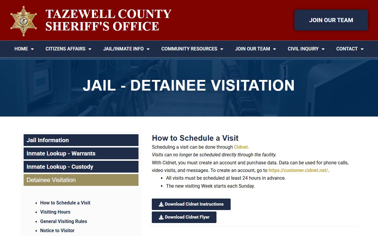 Tazewell County detainee visitation page describing Cidnet scheduling and video visitation rules.