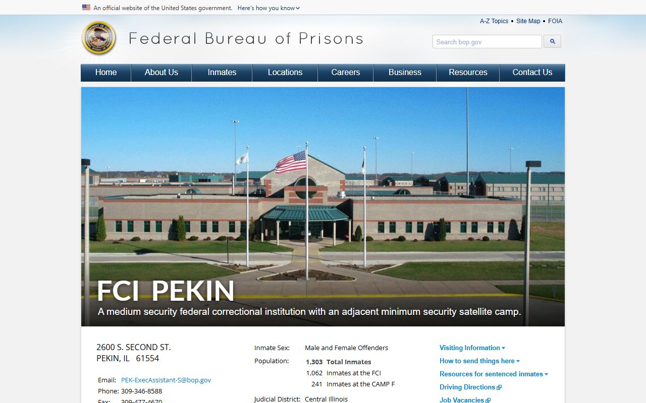 Federal Bureau of Prisons FCI Pekin facility profile