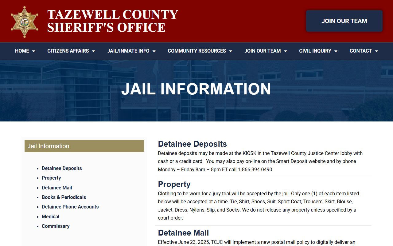 Tazewell County jail information page with detainee deposit, mail, phone, medical, and commissary details.