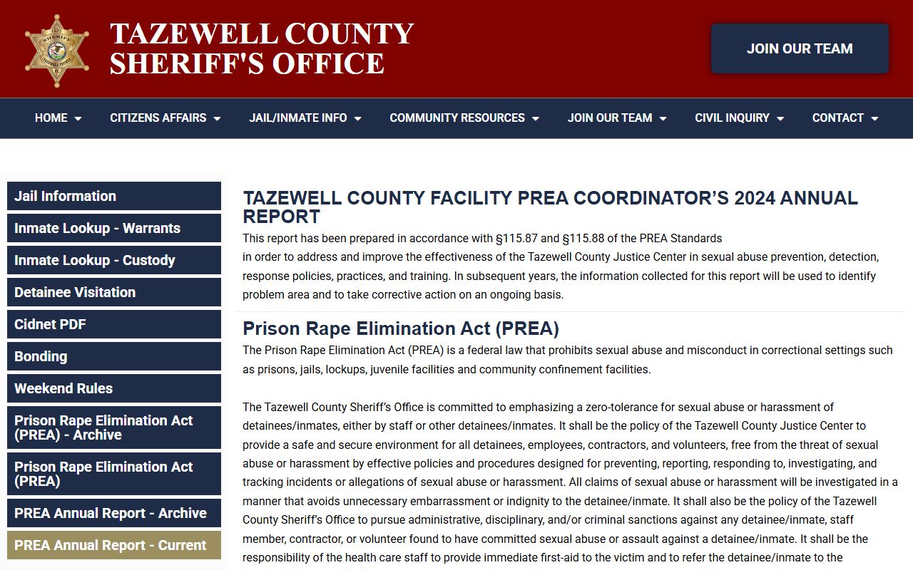 Tazewell County Sheriff's PREA page with annual report material